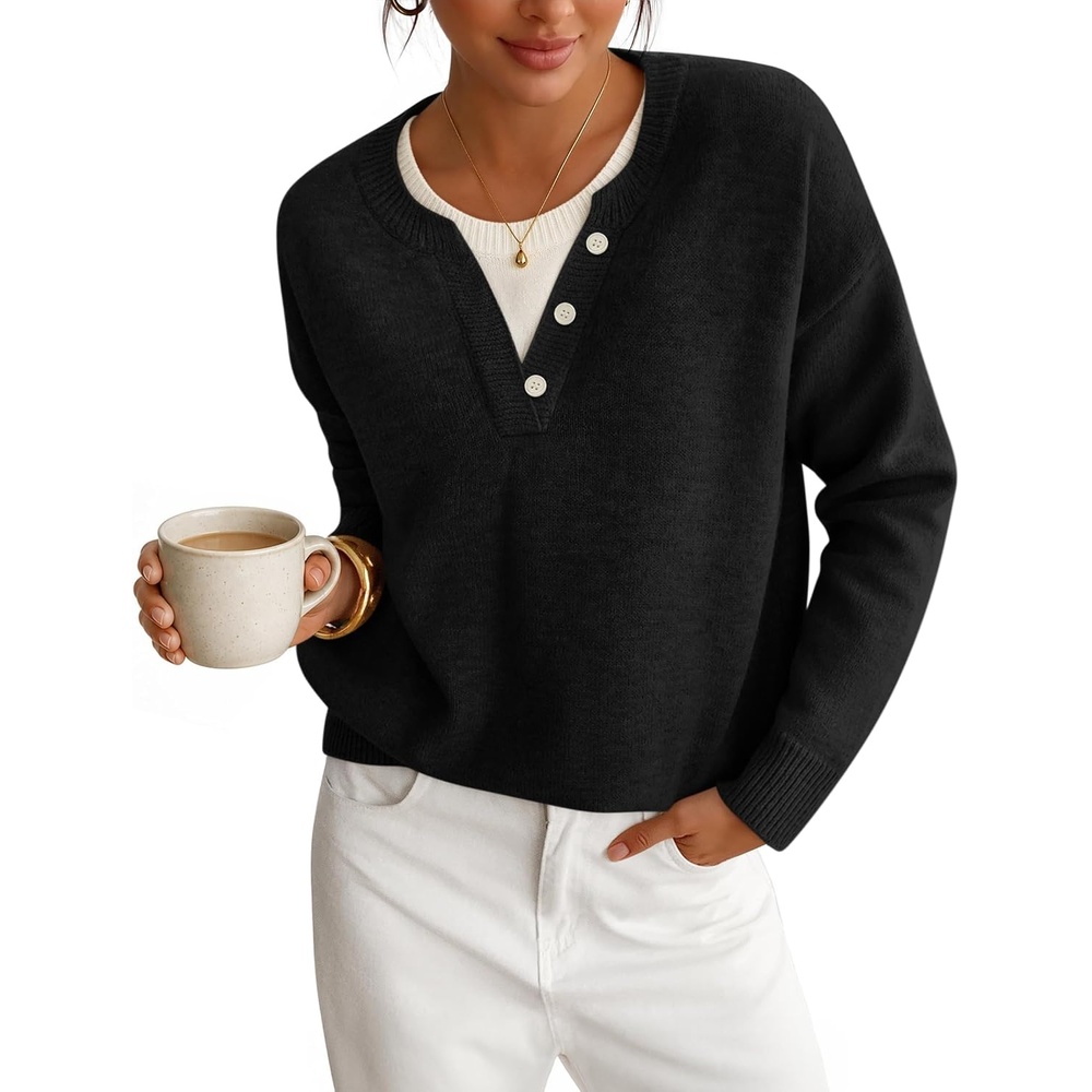 image:imageZESICA Womens Fall Winter Henley Neck Oversized Sweater TopsBlack