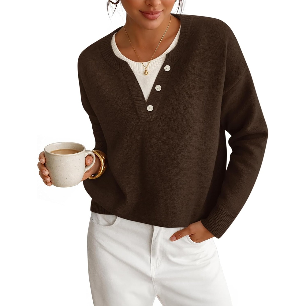 image:imageZESICA Womens Fall Winter Henley Neck Oversized Sweater TopsBrown