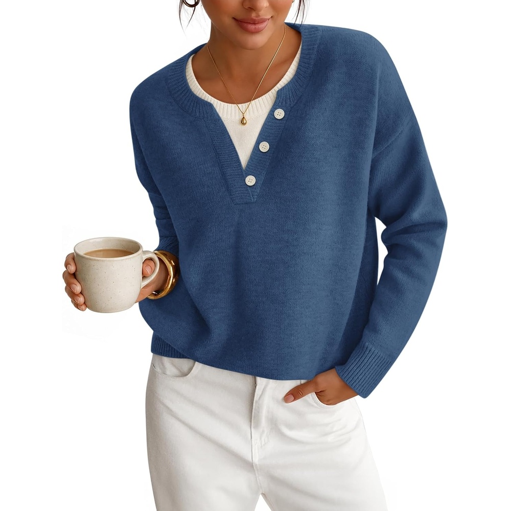 image:imageZESICA Womens Fall Winter Henley Neck Oversized Sweater TopsDusty Blue