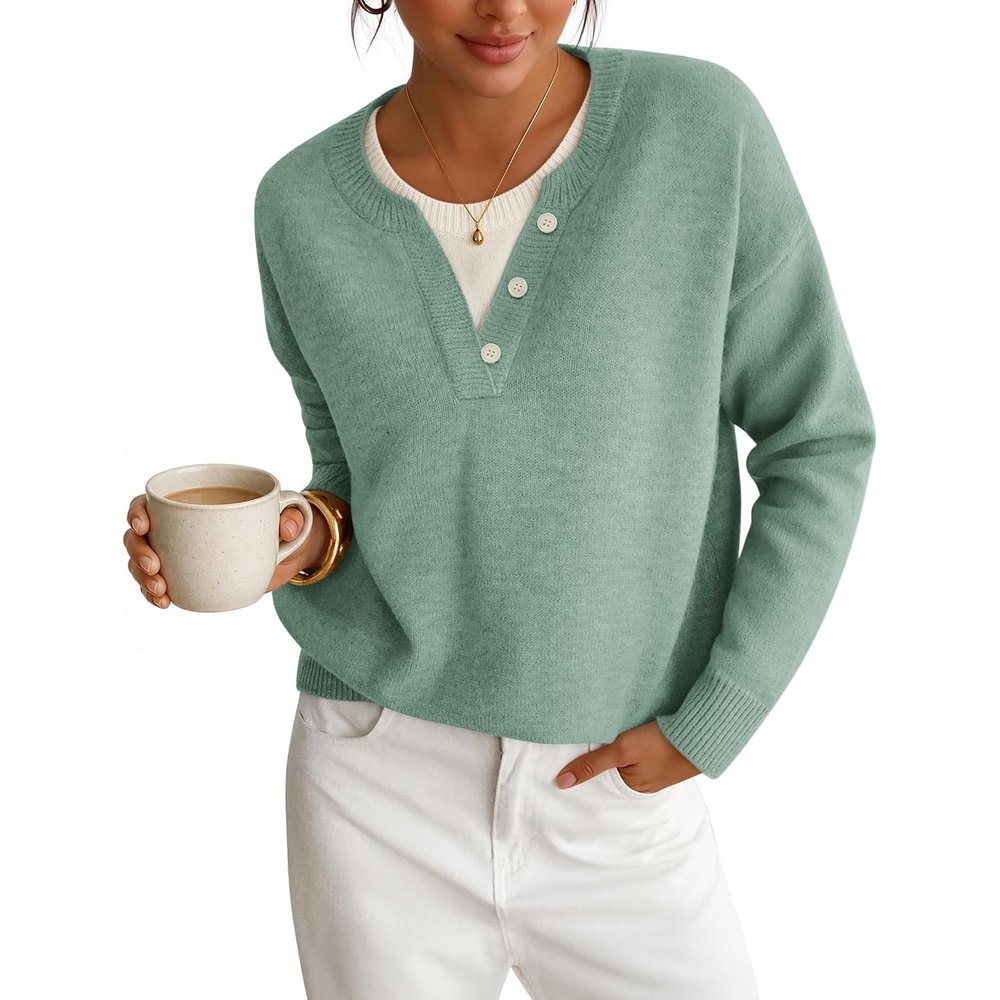 image:imageZESICA Womens Fall Winter Henley Neck Oversized Sweater TopsLight Green