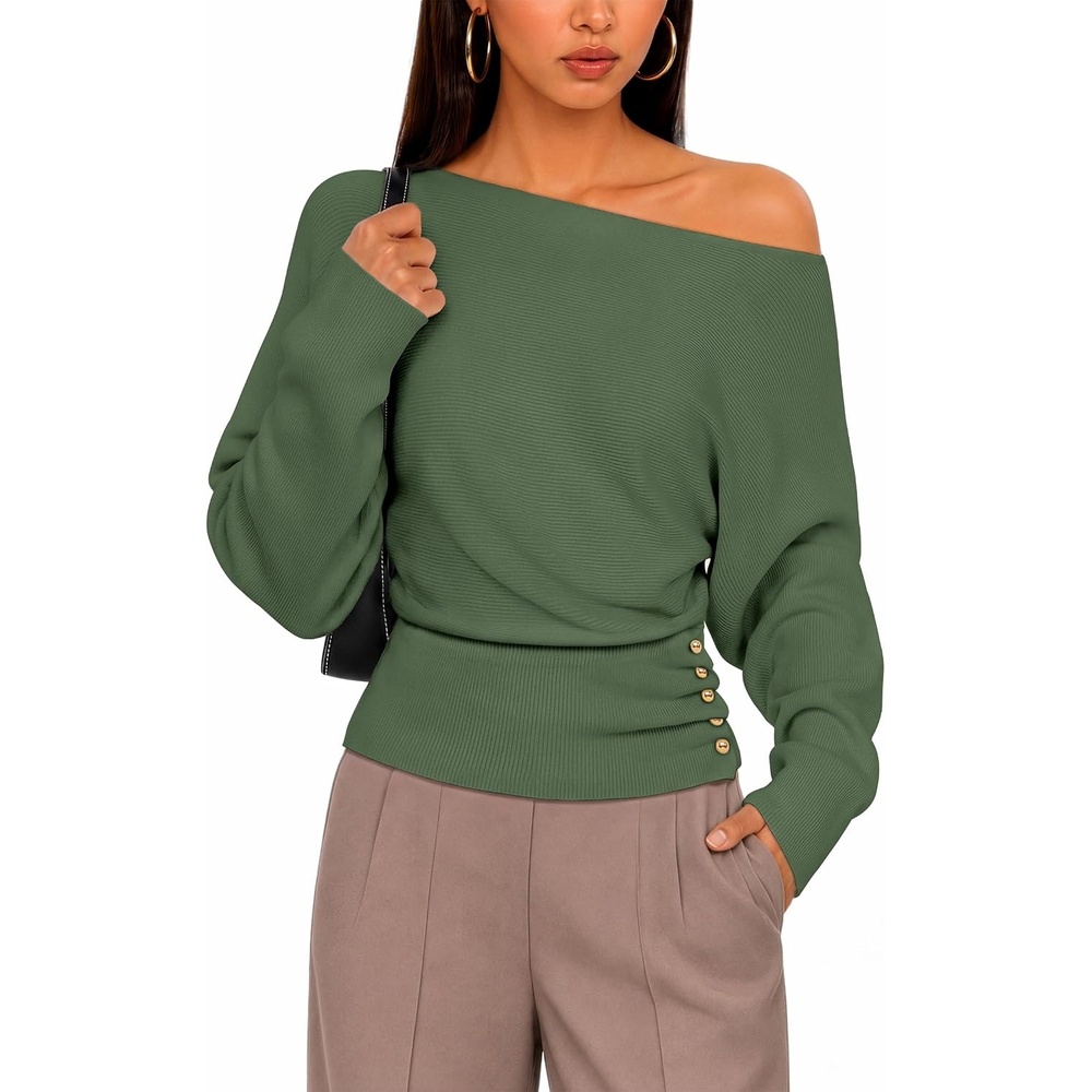 image:imageZESICA Womens Fall Winter Off Shoulder Sweaters Elegant Pullover TopsArmy Green