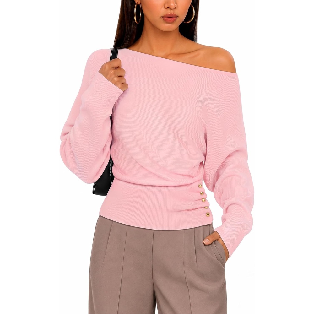 image:imageZESICA Womens Fall Winter Off Shoulder Sweaters Elegant Pullover TopsPink
