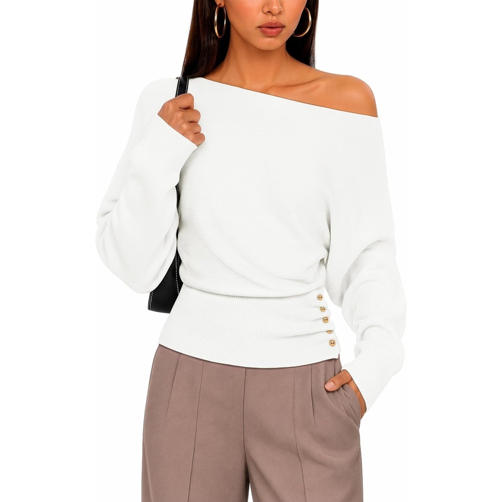 image:imageZESICA Womens Fall Winter Off Shoulder Sweaters Elegant Pullover TopsWhite