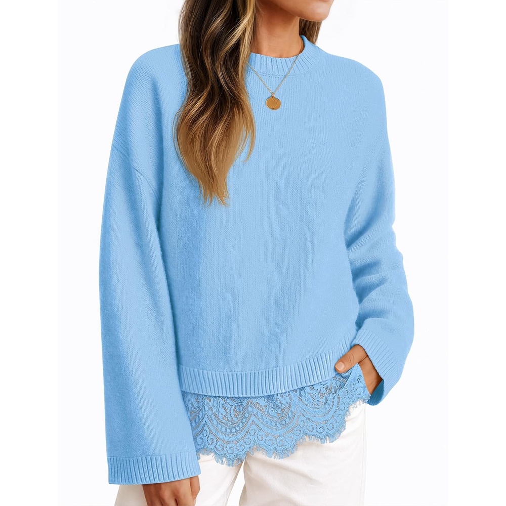 image:imageZESICA Womens Fall Winter Sweaters 2026 Lace Trim Pullover TopsBlue