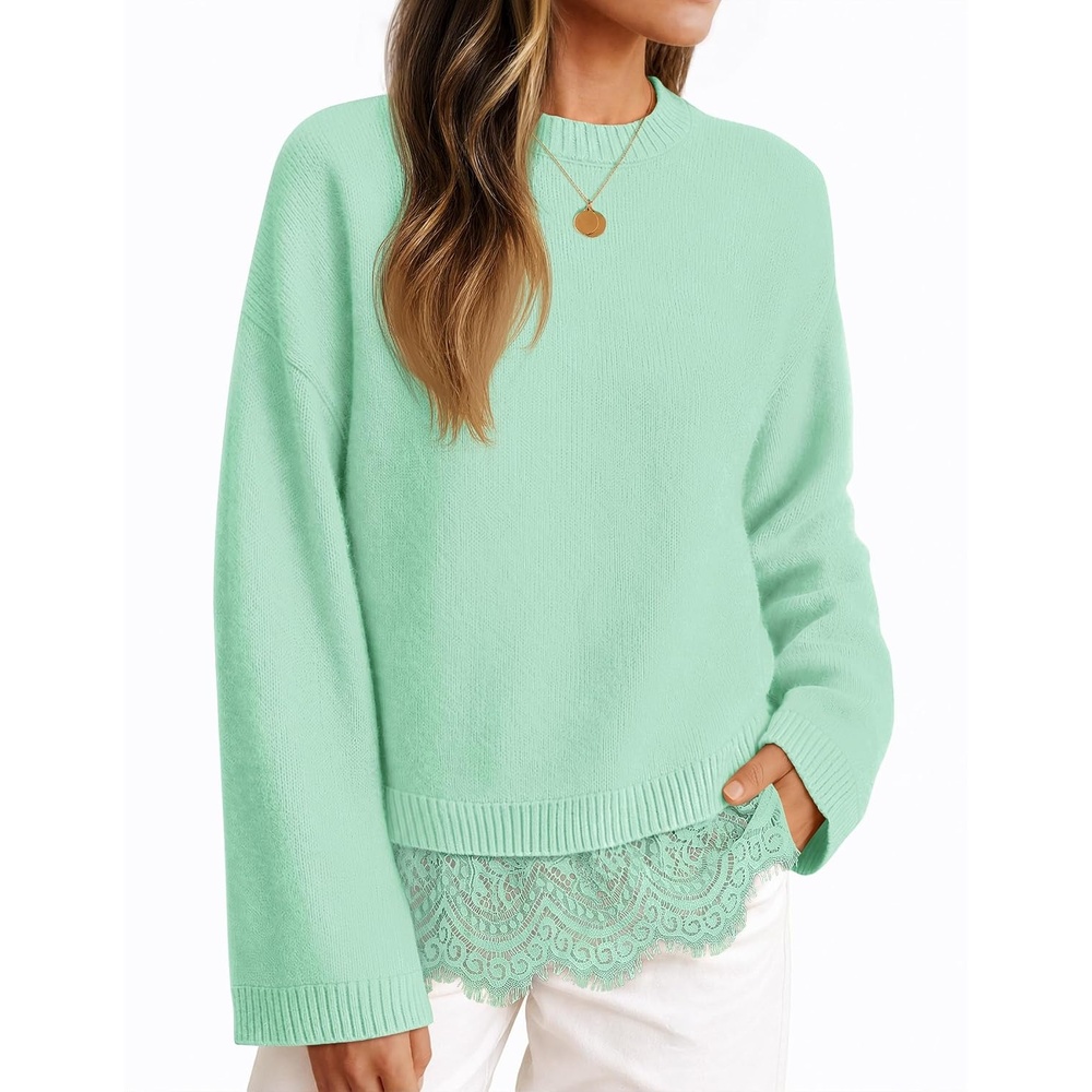 image:imageZESICA Womens Fall Winter Sweaters 2026 Lace Trim Pullover TopsMint