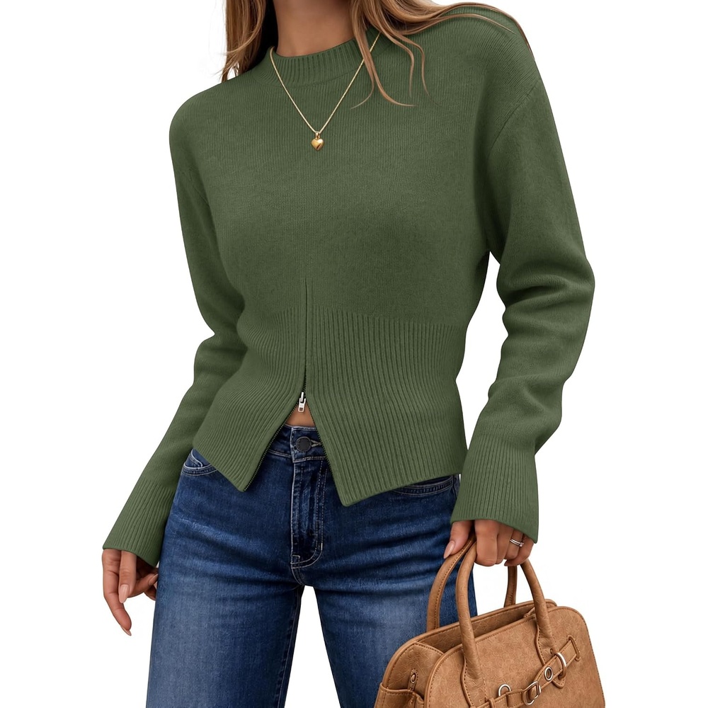 image:imageZESICA Womens Fall Zipper Pullover Sweaters 2026 Cozy Ribbed Knit TopsArmygreen
