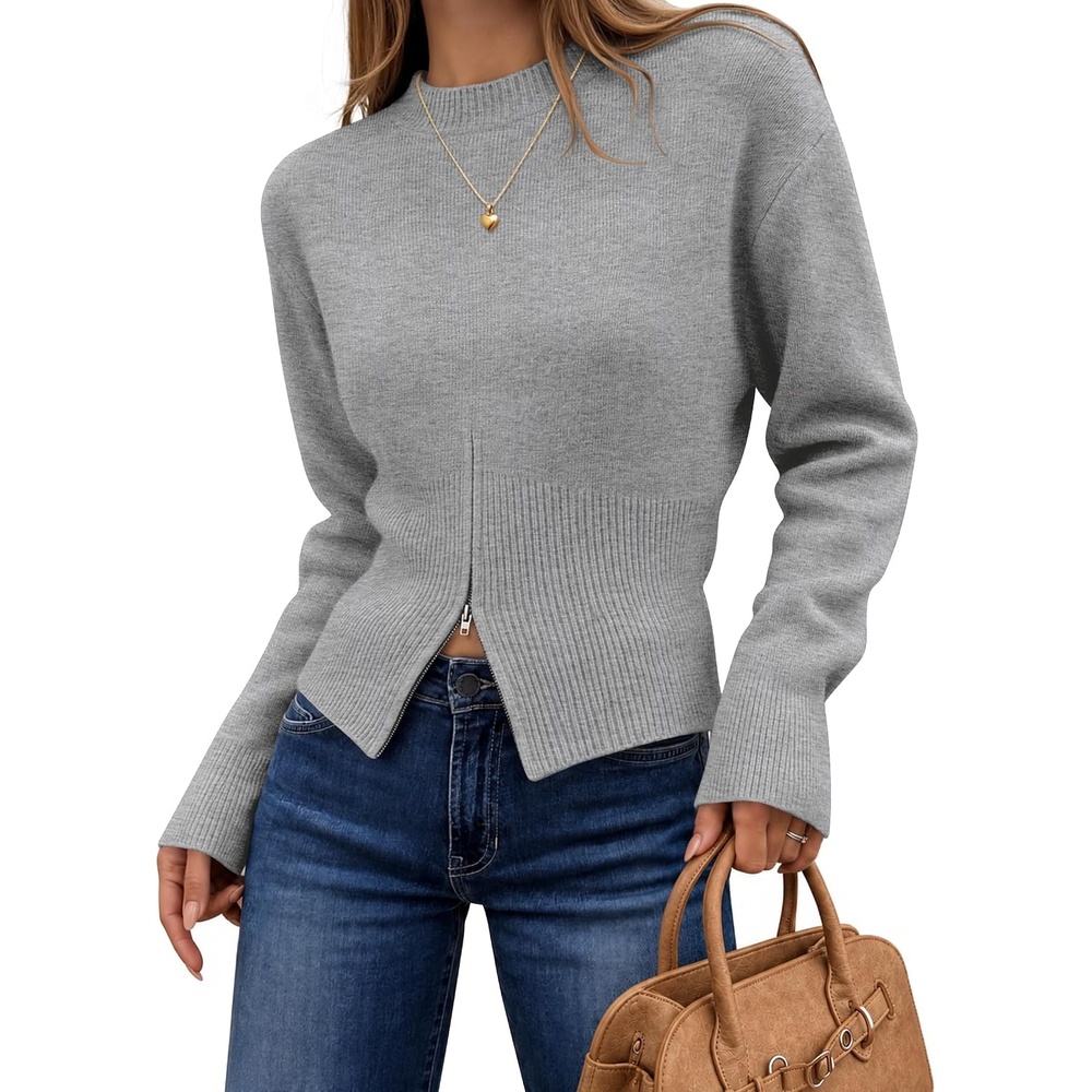 image:imageZESICA Womens Fall Zipper Pullover Sweaters 2026 Cozy Ribbed Knit TopsGrey