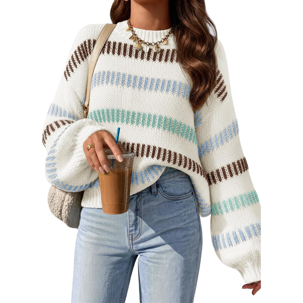 image:imageZESICA Womens Striped Fall Winter Sweaters Oversize Cozy Casual Work OutfitBeige