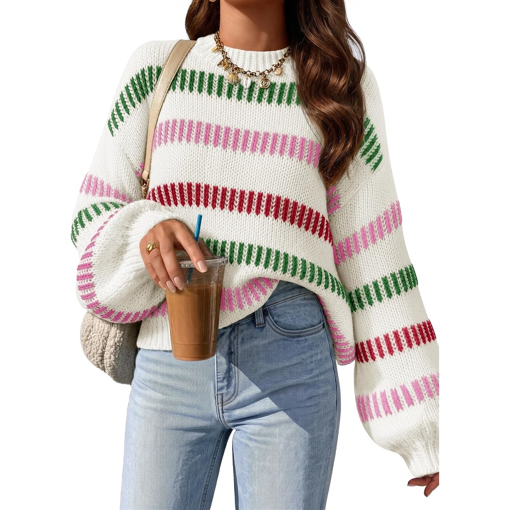 image:imageZESICA Womens Striped Fall Winter Sweaters Oversize Cozy Casual Work OutfitGreen
