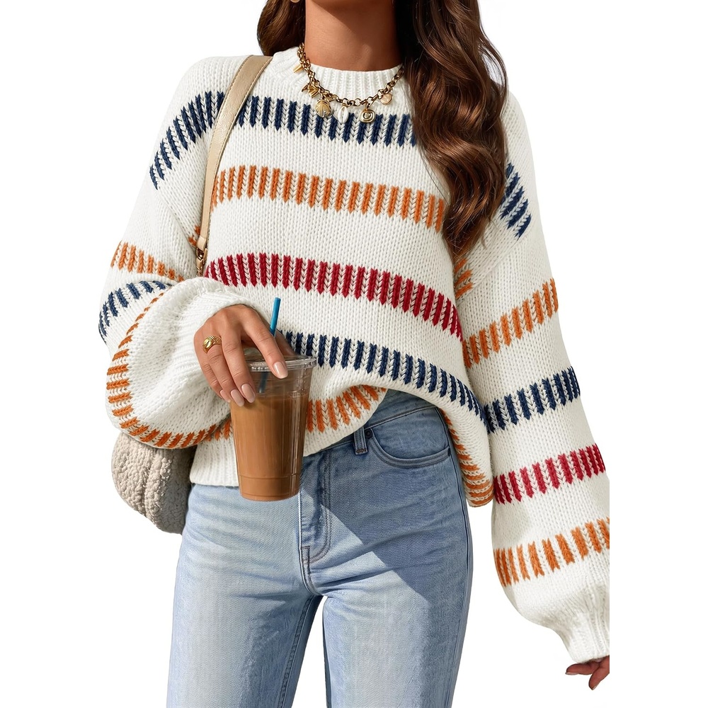image:imageZESICA Womens Striped Fall Winter Sweaters Oversize Cozy Casual Work OutfitIvory