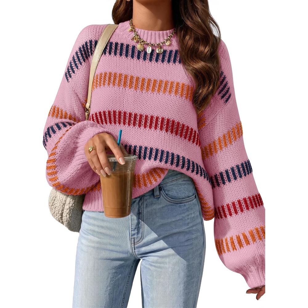 image:imageZESICA Womens Striped Fall Winter Sweaters Oversize Cozy Casual Work OutfitPink