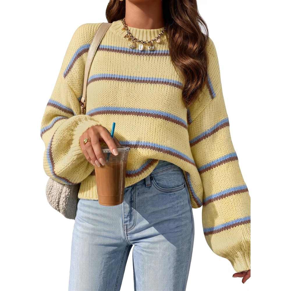 image:imageZESICA Womens Striped Fall Winter Sweaters Oversize Cozy Casual Work OutfitYellow