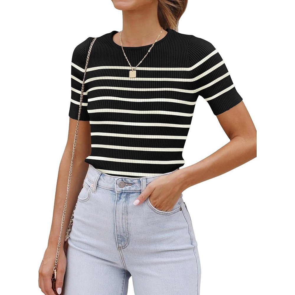 image:imageZESICA Womens Striped Short Sleeve Ribbed Knit Fitted T ShirtsBlack
