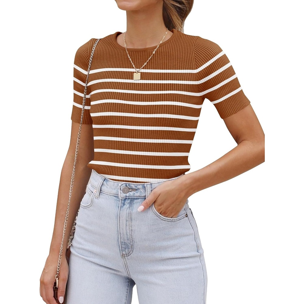 image:imageZESICA Womens Striped Short Sleeve Ribbed Knit Fitted T ShirtsBrown