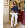 ZESICA Women’s Fall Off Shoulder Cinched Waist Cropped Sweaters Trendy(Navy)