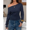 ZESICA Women’s Fall Off Shoulder Cinched Waist Cropped Sweaters Trendy(Navy)