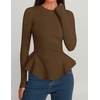 ZESICA Womens Fall Ruffle Peplum Sweaters Cropped Pullover Tops(Brown)