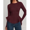 ZESICA Womens Fall Ruffle Peplum Sweaters Cropped Pullover Tops(Burgundy)