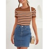 ZESICA Women’s Striped Short Sleeve Ribbed Knit Fitted T Shirts(Brown)