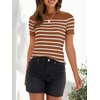 ZESICA Women’s Striped Short Sleeve Ribbed Knit Fitted T Shirts(Brown)