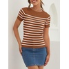 ZESICA Women’s Striped Short Sleeve Ribbed Knit Fitted T Shirts(Brown)