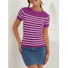 ZESICA Women’s Striped Short Sleeve Ribbed Knit Fitted T Shirts(Magenta)