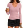 ZESICA Fall V Neck Sweaters for Women Long Sleeve Ribbed Knit Tops(Pink)