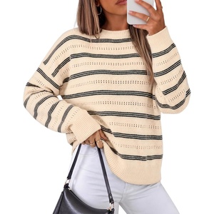 ZESICA Women’s 2026 Casual Long Sleeve Striped Pullover Sweaters(Apricot)