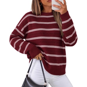 ZESICA Women’s 2026 Casual Long Sleeve Striped Pullover Sweaters(Burgundy)