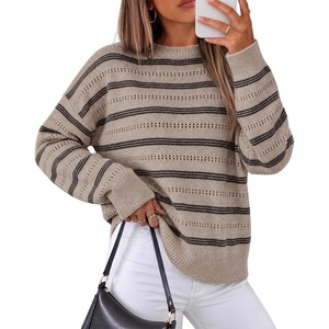 ZESICA Women’s 2026 Casual Long Sleeve Striped Pullover Sweaters(Khaki)