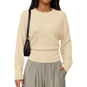 ZESICA Womens 2026 Fall Long Sleeve Floral Ruched Cute Sweaters(Beige)