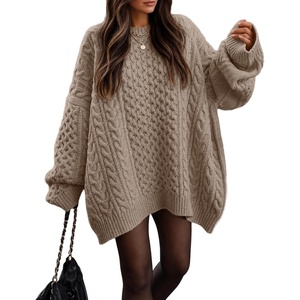 ZESICA Womens 2026 Fall Oversized Chunky Cable Knit Tunic Sweaters(Khaki)