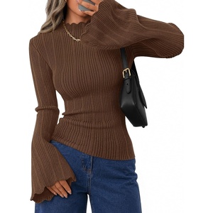 ZESICA Women’s Fall Bell Long Sleeve Knit Sweaters Scalloped Mock Neck Tops(Brown)