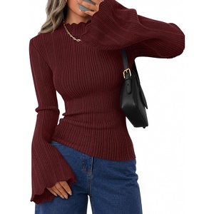 ZESICA Women’s Fall Bell Long Sleeve Knit Sweaters Scalloped Mock Neck Tops(Burgundy)
