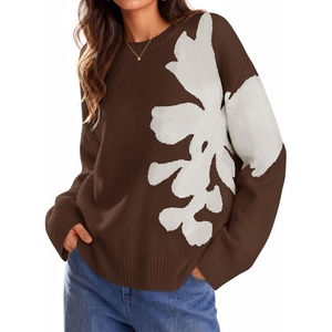 ZESICA Women’s Fall Floral Oversized Sweaters 2026 Cozy Pullover Tops(Brown)