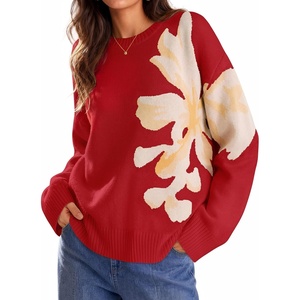 ZESICA Women’s Fall Floral Oversized Sweaters 2026 Cozy Pullover Tops(Red)