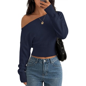 ZESICA Women’s Fall Off Shoulder Cinched Waist Cropped Sweaters Trendy(Navy)