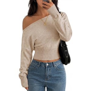 ZESICA Women’s Fall Off Shoulder Cinched Waist Cropped Sweaters Trendy(Oats)