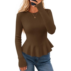 ZESICA Womens Fall Ruffle Peplum Sweaters Cropped Pullover Tops(Brown)