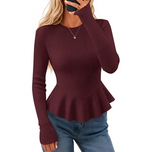 ZESICA Womens Fall Ruffle Peplum Sweaters Cropped Pullover Tops(Burgundy)