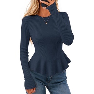 ZESICA Womens Fall Ruffle Peplum Sweaters Cropped Pullover Tops(Navy)