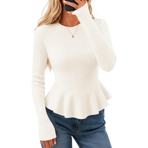 ZESICA Womens Fall Ruffle Peplum Sweaters Cropped Pullover Tops(White)