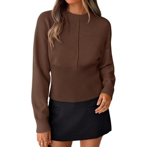 ZESICA Women’s Fall Sweaters Crewneck Cinched Waist Pullover Tops(Brown)