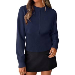 ZESICA Women’s Fall Sweaters Crewneck Cinched Waist Pullover Tops(Navy)