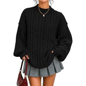 ZESICA Women’s Fall Sweaters Oversized Mock Neck Cable Knit Outfits(Black)