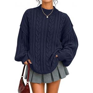 ZESICA Women’s Fall Sweaters Oversized Mock Neck Cable Knit Outfits(Navy)