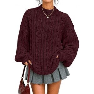 ZESICA Women’s Fall Sweaters Oversized Mock Neck Cable Knit Outfits(Wine)