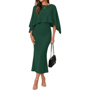 ZESICA Women’s Fall Two Piece Outfits Shawl Poncho Sweater Bodycon Dresses(Dark Green)