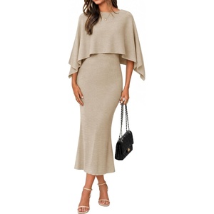 ZESICA Women’s Fall Two Piece Outfits Shawl Poncho Sweater Bodycon Dresses(Oats)