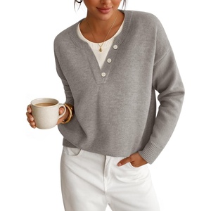 ZESICA Women’s Fall Winter Henley Neck Oversized Sweater Tops(Grey)